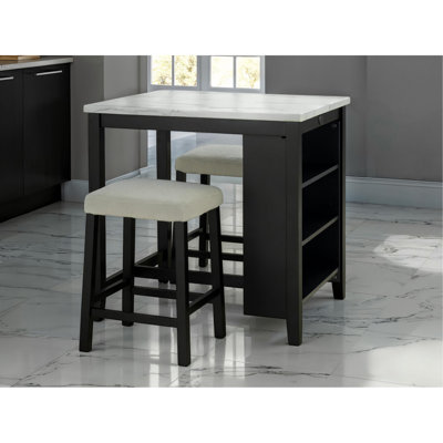 Table de salle à manger noire avec tablettes latérales de rangement et tabourets ultra brillants, ensemble de salle à manger 3 pièces blanc / ivoire