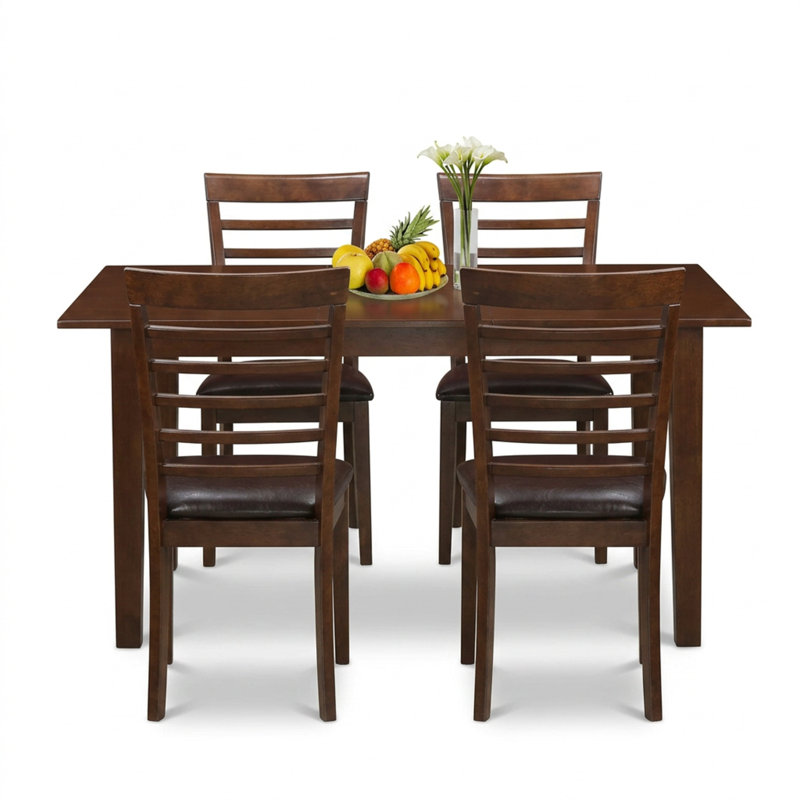 Ensemble de salle à manger rectangulaire 5 pièces en bois massif d'acajou avec table à abattants et 4 chaises à dossier échelle en similicuir