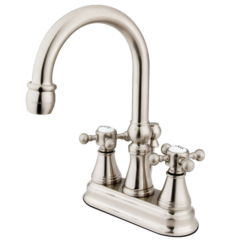 Kingston Brass Vintage Two-Handle 3-Hole Deck Mount 4" Centerset Bathroom Faucet with Brass Pop-Up, Brushed Nickel