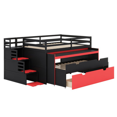 Wooden Loft Bed with Pull Out Desk, Trundle, Storage Drawers and Built-in Storage Stairs