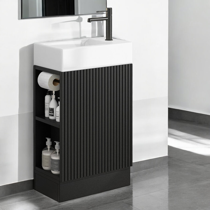 18.6'' Modern Single Bathroom Vanity with Ceramic Top, Reversible Bathroom Storage Cabinet for Small Space, Black