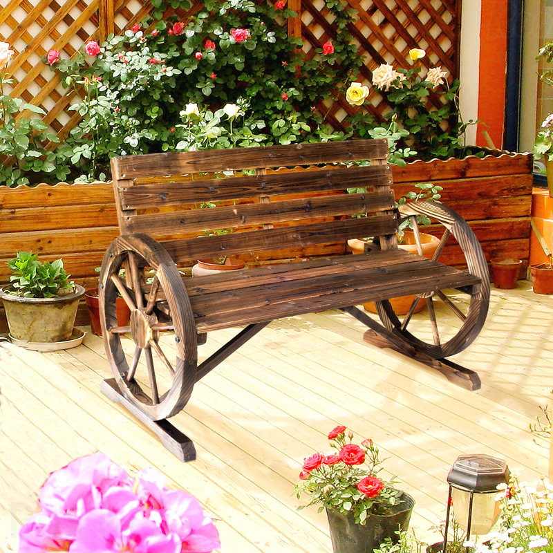 Banc de roue de chariot en bois de 41 po pour terrasse, siège à lattes rustique résistant aux intempéries pour 2 personnes avec dossier carbonisé