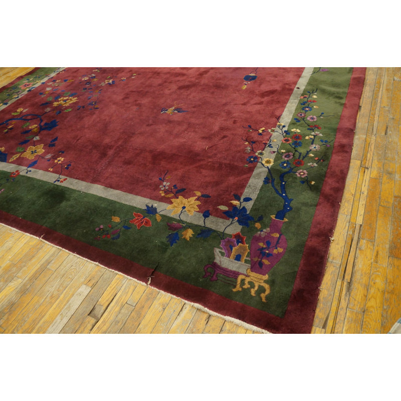 Large Hand Knotted Pile Wool Rectangle Antique 1920s Coral / Salmon Pink Rug