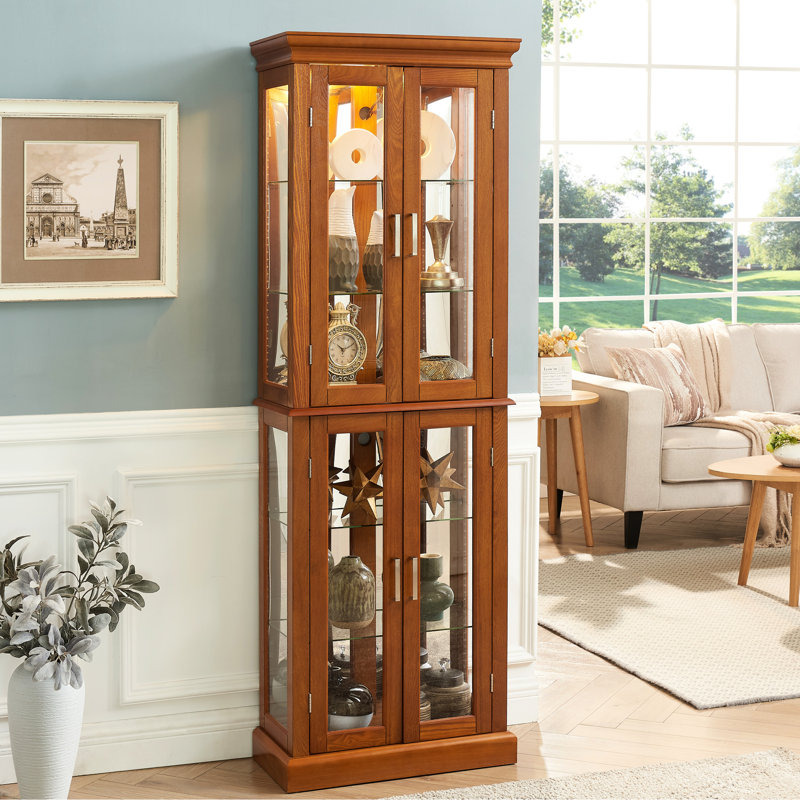 Transitional Oak Curio Cabinet With 6 Shelves & Magnetic Hardware Adjustable In - 70"H X 11.45"D, Oak
