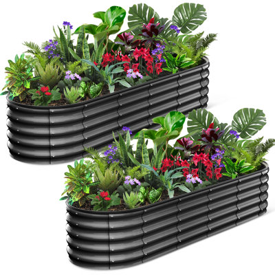 Ensemble de 2 pots de jardin surélevés en acier 6 * 3 * 1FT gris - boîte à fleurs en métal de 0,5 mm avec fond ouvert pour le drainage, bord roulé sécuritaire, pot de fleurs extérieur de grande capacité pour les légumes, les herbes et les plantes ornementales