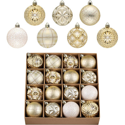 Arbres, décorations d'arbre de Noël incassables blanches et dorées de 2,36 pouces de 16 carats, boules suspendues de luxe pour décoration de fête de Noël