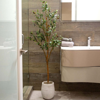 Olive Tree Artificial Indoor Silk Faux Olive Tree for Home and Office Decor, Fake Potted Olive Tree with Natural Wood Trunk, Realistic Olive Tree Branches and Lifelike Fruits