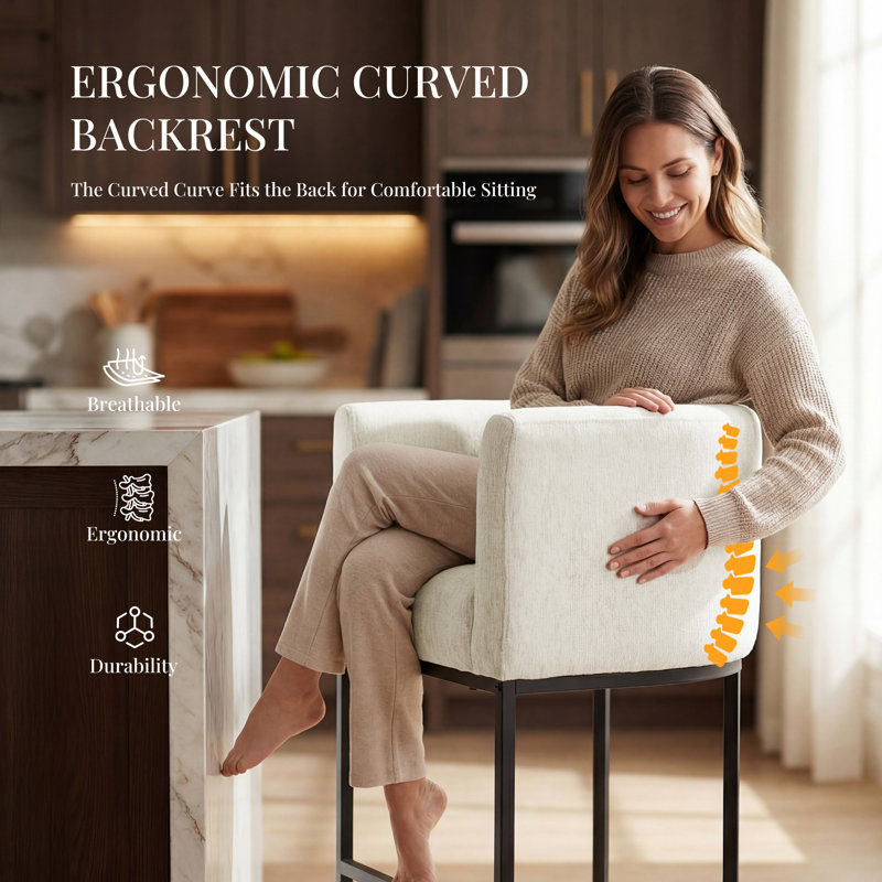 Barrel Upholstered Counter Stool Backrest Arms Metal Frame Counter Height Bar Stools Kitchen Island Chairs, Ivory