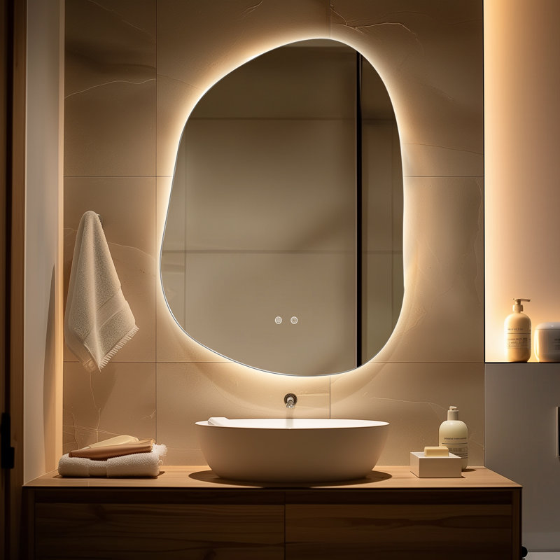 Dibbrun Frameless Lighted Bathroom Mirror, Asymmetrical, 22" x 30"