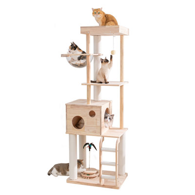 Wood Cat Tree for Large Cats, 64-Inch Tall Modern Cat Tower with Condo & Scratching Posts - Easy to Clean, Heavy-Duty, Furniture-Grade Design for Stable Climbing (White 64'')