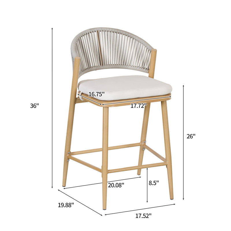 Maple Finish Aluminum and Rattan Outdoor Counter Stools with Cushions, Set of 2