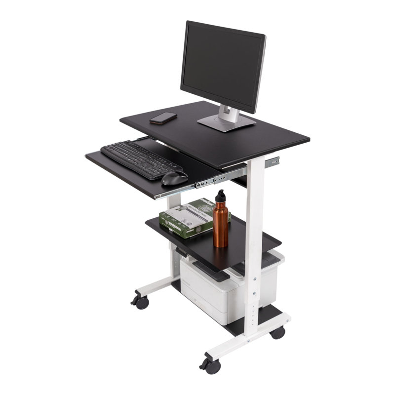 White Adjustable Height Standing Desk with Keyboard Tray and Printer Shelf