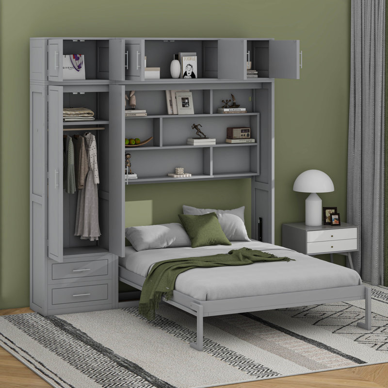 Grand lit escamotable avec armoire et armoire, Gris