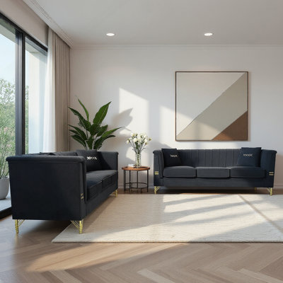 Ensemble de 2 canapés en velours noir, 2 canapés 3 places modernes avec coussins moelleux et pieds en métal de couleur dorée, ensemble de canapé de salon élégant pour les maisons, les appartements et les espaces invités