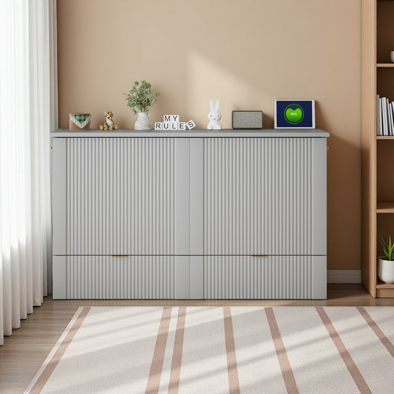 Lit escamotable avec tiroir et un ensemble de prises et ports USB, structure de poulie, Grand lit, Gris