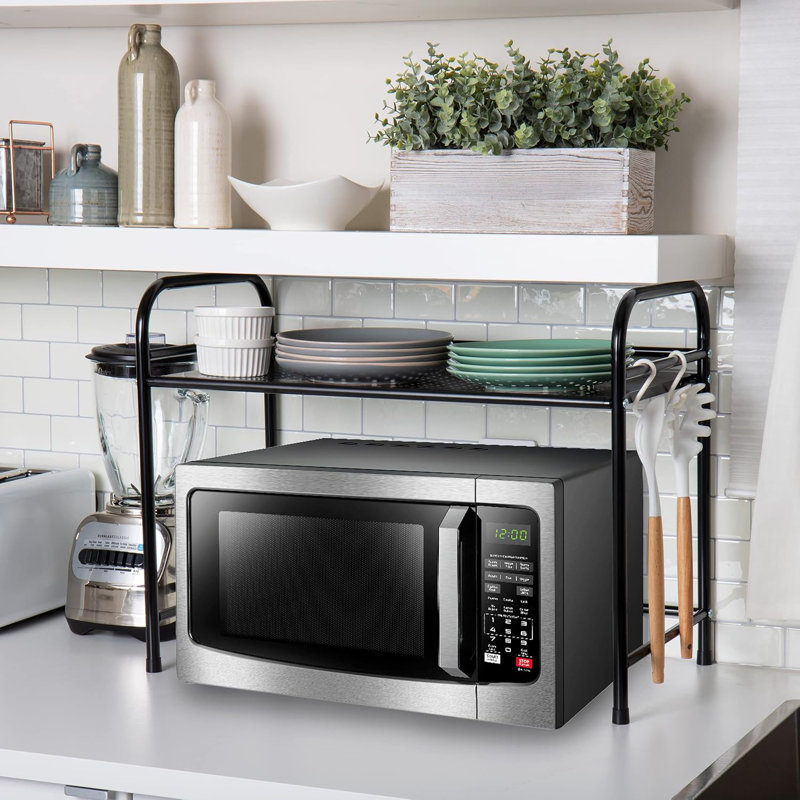 Black Metal Microwave Stand with Hooks and Shelf
