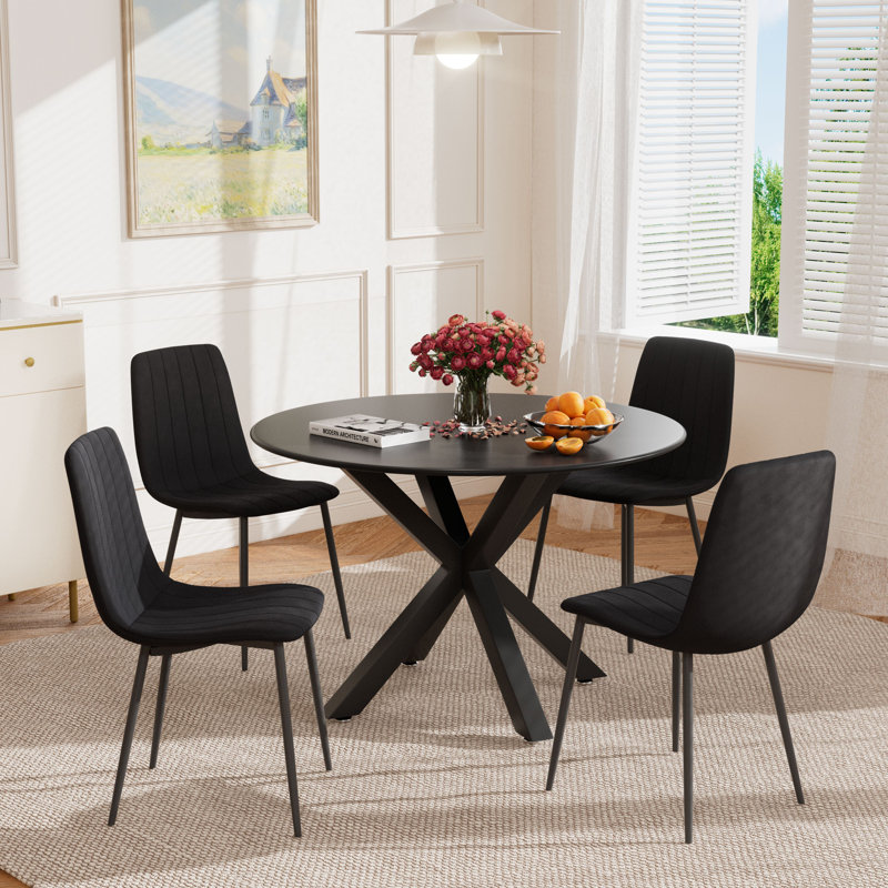 5-Piece Round Glass Dining Table Set with 4 Velvet Dining Chairs, Black, Black, Black
