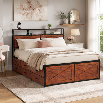 Queen Size MDF and Metal Platform Bed Frame with LED Lights and Charging Station, Rustic Brown