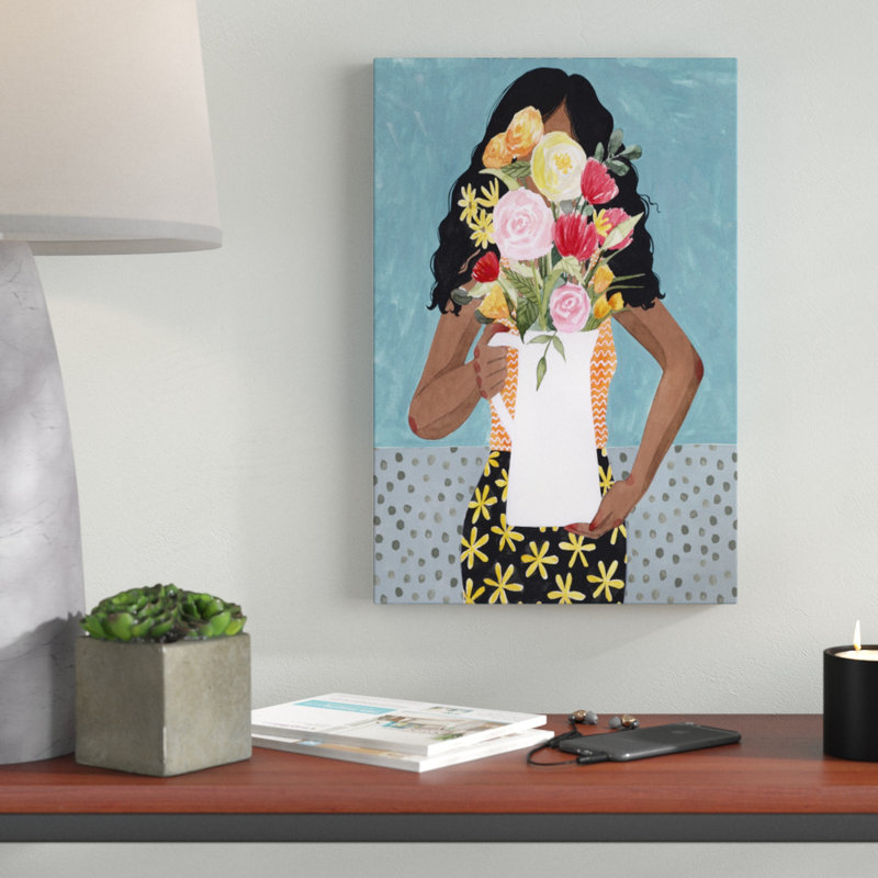 «Flower Vase Girl I», peinture sur toile, H 18 po x l 12 po
