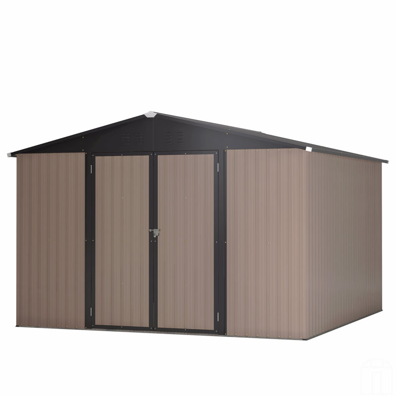 10' X 10' Metal Storage Shed For Ourdoor, Steel Yard Shed  With Design Of Lockable Doors, Utility And Tool Storage, Brown