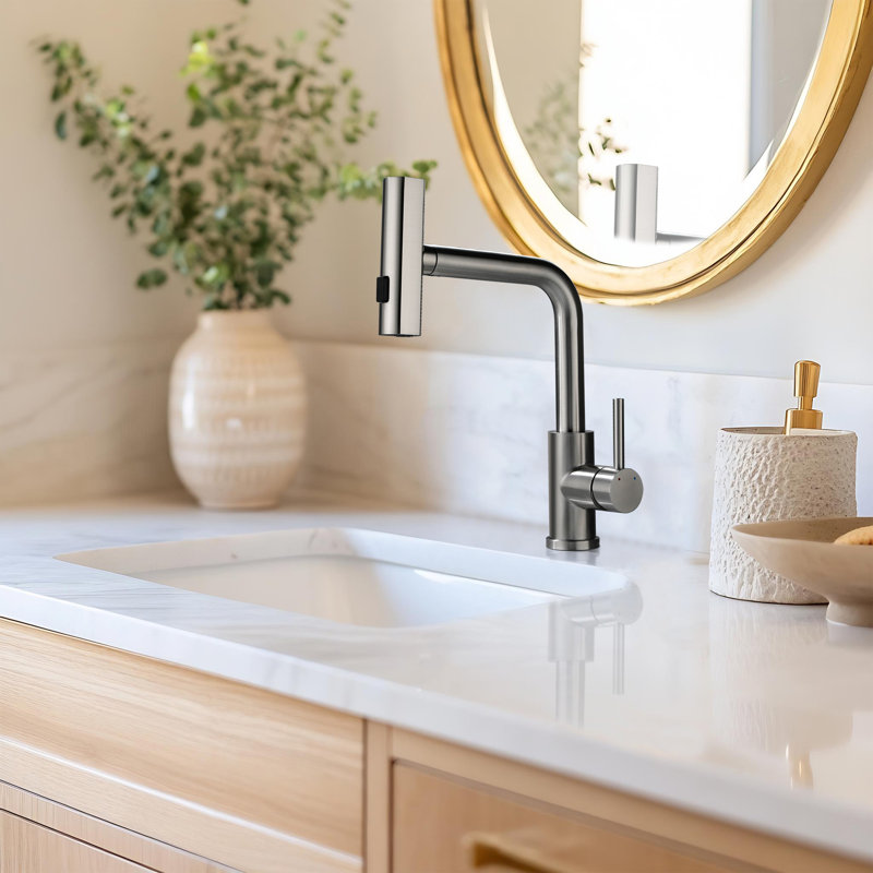 Deck Mounted Single Hole Single Handle Pull-Down Bathroom Sink Faucet, Brushed Nickel