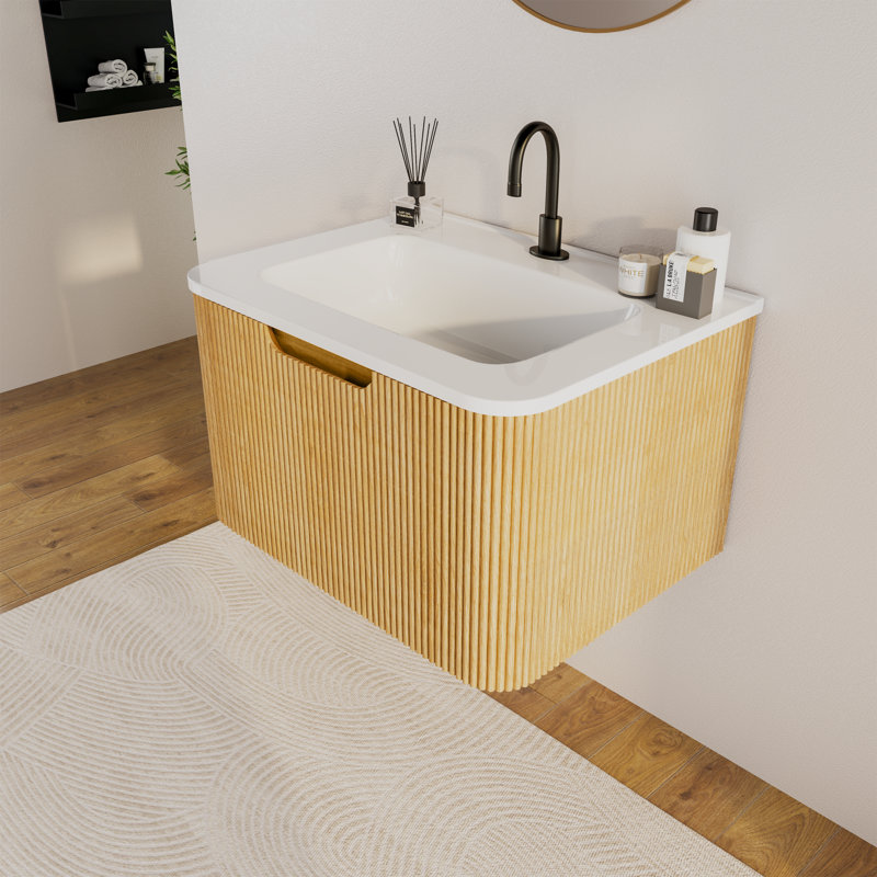 Meuble-lavabo mural simple flottant 24 po avec comptoir en céramique 24 po, 24", Tiroir à poignée encastrée