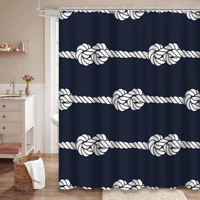 Nautical Rope Navy & White Marine Waterproof Shower Curtain with 12 Hooks