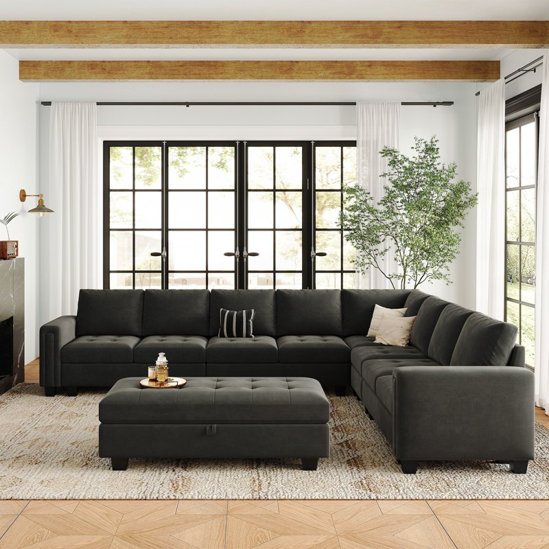 Shavera 7 - Piece Velvet Upholstered Sectional Sofa Large L shaped Livingroom Couch with Storage Ottoman, Gray Velvet