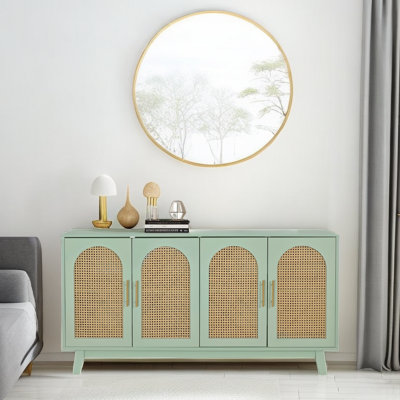 Buffet 59,84 "avec portes en rotin Andrades, armoire 4 portes Boho avec poignées en métal pour le salon, le couloir et le vestibule