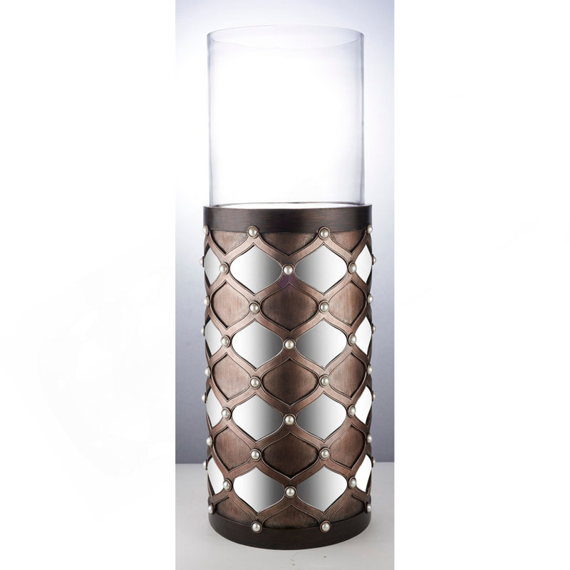 31" Tall Candleholder With Hurricane Glass, Arabesque Mirror Design