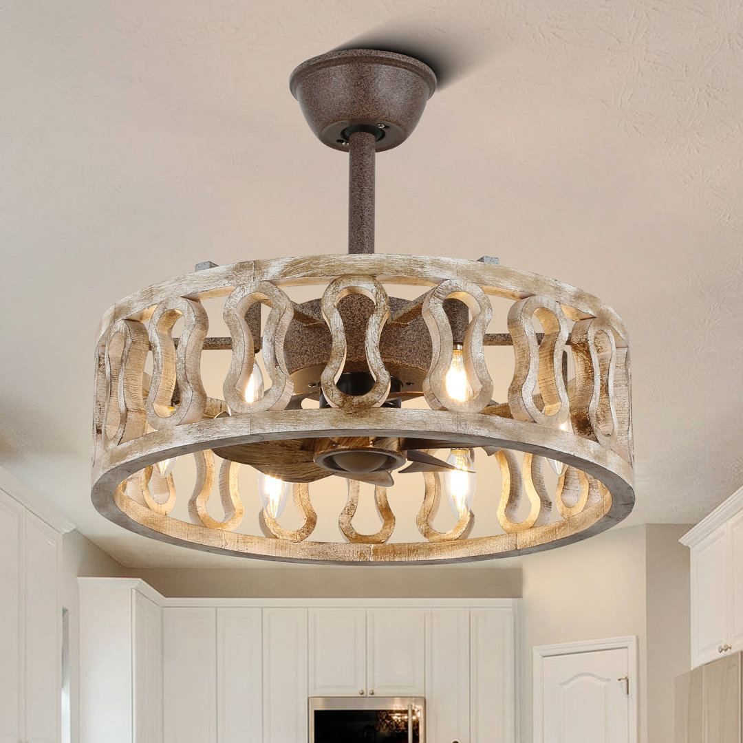 20" Carterton Antique Ceiling Fan Light, Rustic Finish Steel Frame, Aged Finish Solid Wood Shade Ophelia & Co.