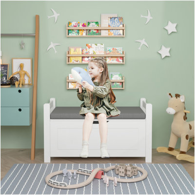 Kids Toy Box Chest, White Toy Box For Boys Girls, Large Storage Cabinet With Cushion Seat Bench/Flip-Top Lid/Safety Hinge, Toy Storage Organizer Trunk For Nursery, Playroom