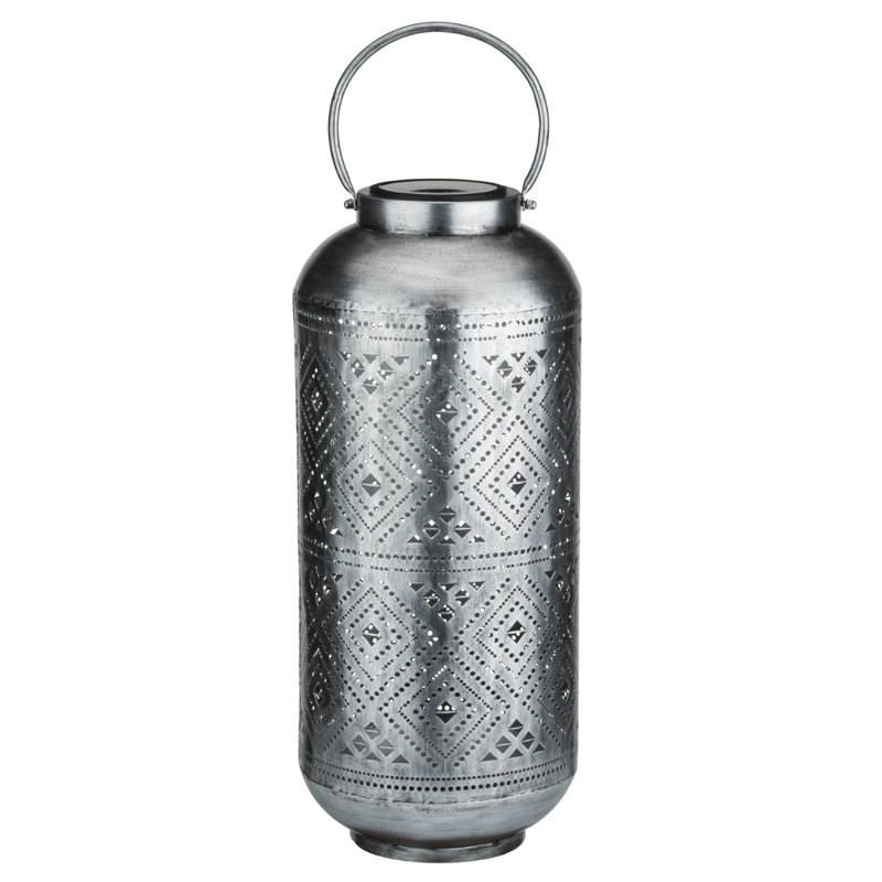 25" Metal Cylinder Shadow Solar Lantern with Decorative Perforated Floral Pattern and Top Handle - Bronze, Silver