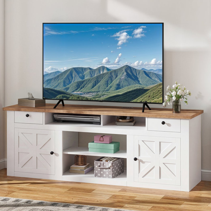 70"W Farmhouse TV Stand for TVs up to 80" with Power Outlet, White, 25.6" H x 70" W x 15.5" D