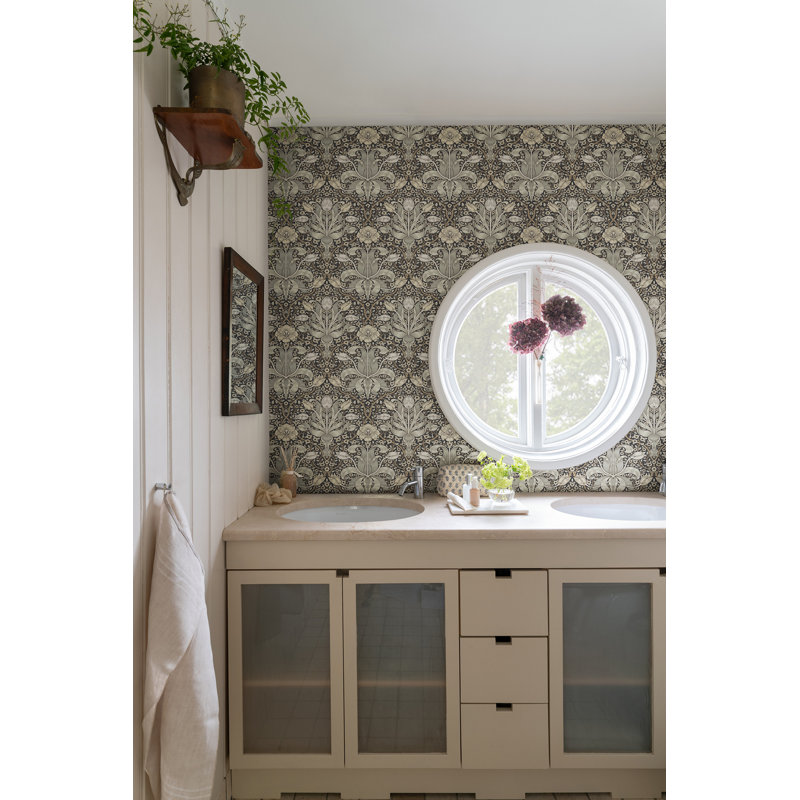 Spring Thicket Blue Tulip Damask Wallpaper, Gray
