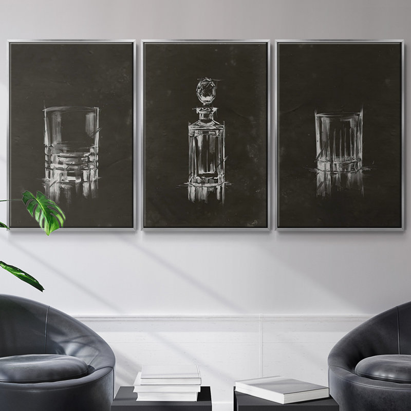 Crystal Barware V - Ensemble de 3 cadres flottants sur toile, H 27 po x l 54 po, Cadre flottant argent