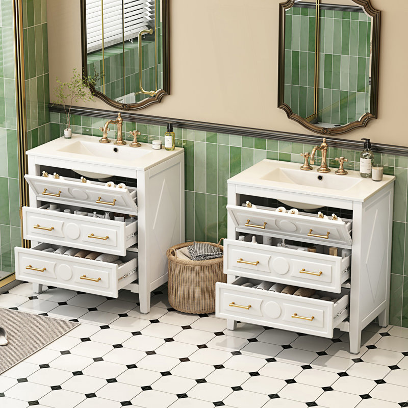 Ensemble de meuble-lavabo avec lavabo en céramique (séparé), ensemble de meuble-lavabo simple autoportant avec 3 tiroirs