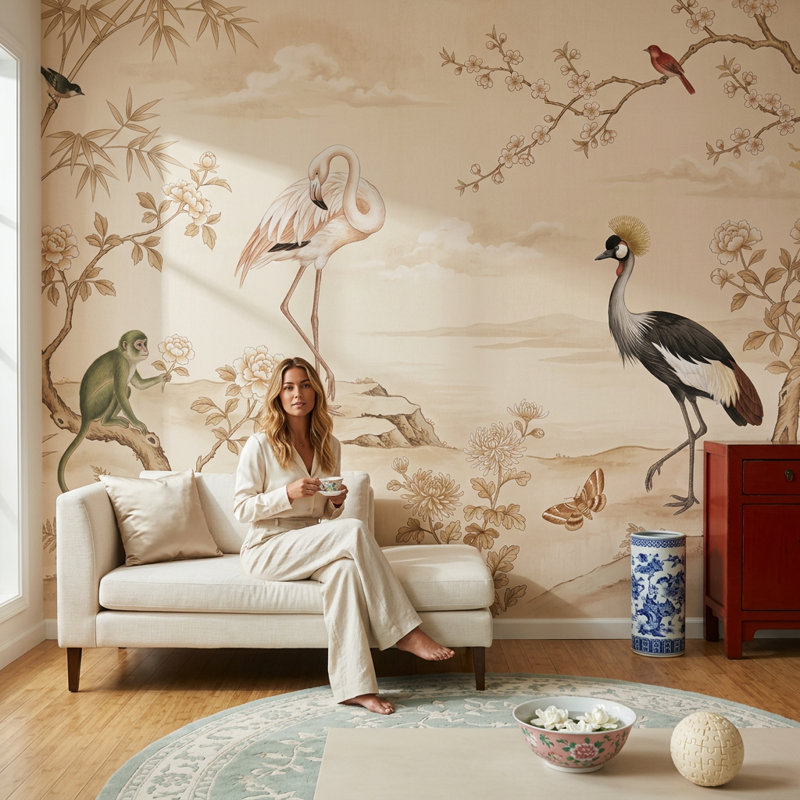 Papier peint mural paysage paysage flamant rose amovible, Non tissé, 200 po x 120 po