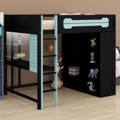 Kids & Teens Wood Loft Bed with Desk, Open Wardrobe & RGB Light