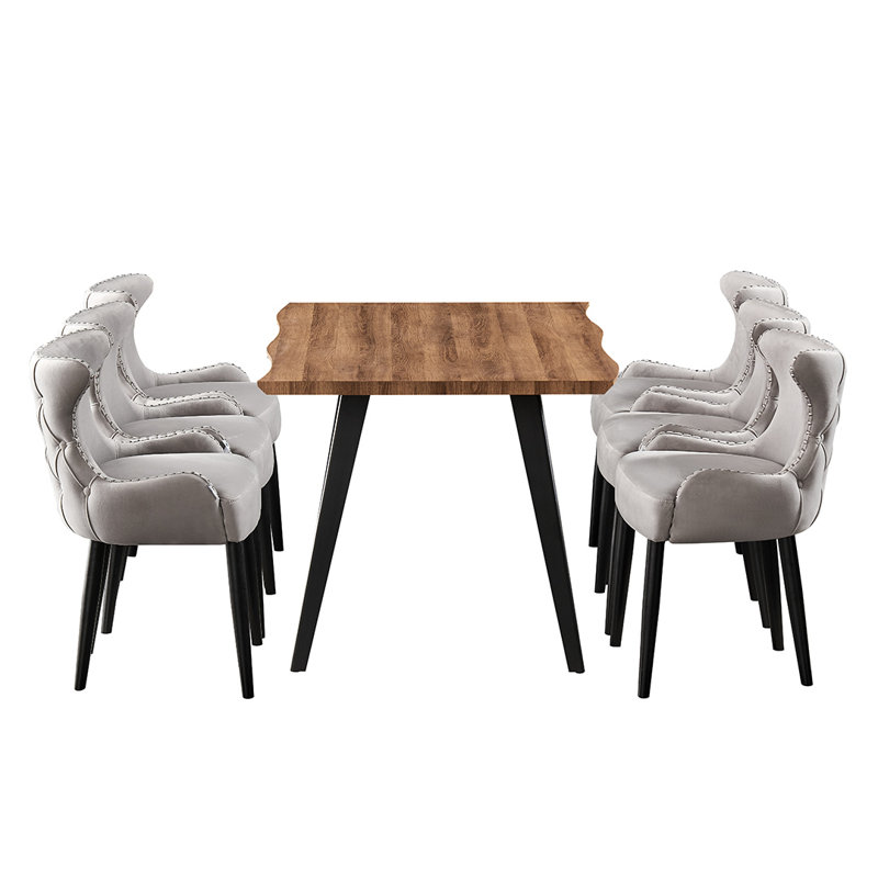 Ricky 6 Person Dining set - a Rectangular Wooden Dining Table with Metal Legs and a Set of 6 Quilted Velvet Dining Chairs for Dining Room - Modern Dining Table Set