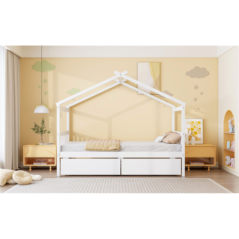 Lit simple en bois avec tiroirs, Blanc