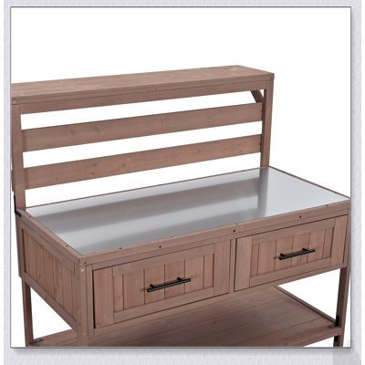 Îlot de cuisine 62,3 po avec plateau en acier inoxydable, chariot en bois massif pour barbecue et rempotage, avec tiroirs et tablette surélevée