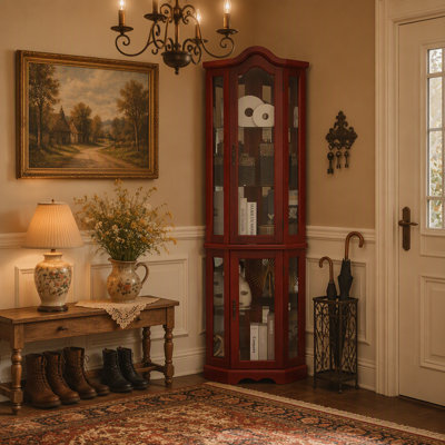 Vitrine de coin lumineuse avec portes et tablettes en verre trempé, idéale pour exposer des objets de collection dans le salon et la chambre à coucher
