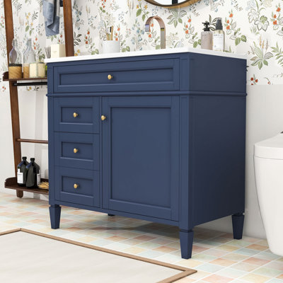 Meuble-lavabo simple en bois Ellarose avec lavabo en céramique et beaucoup de rangement