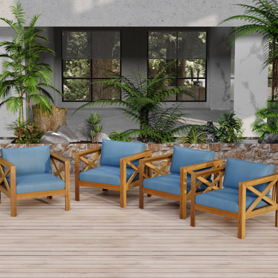 Fauteuil club d'extérieur 4 pièces avec coussins bleus, bois, finition, parfait pour les terrasses en bois imperméables