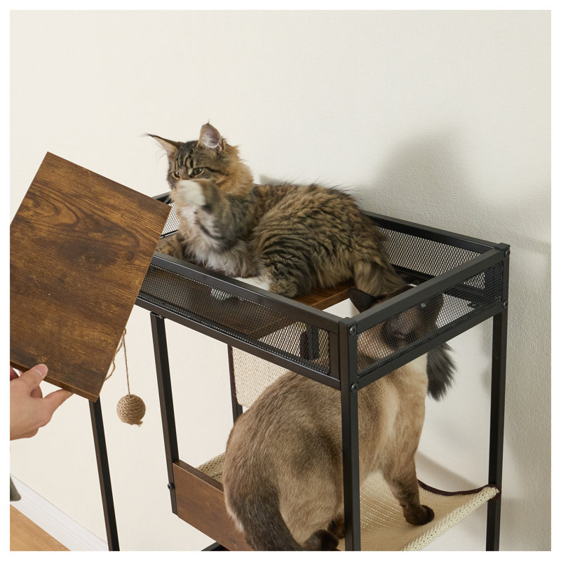 Enceinte de litière pour chat rétro blanche avec tour d'arbre à chat - Armoire à chat multifonctionnelle pour l'intimité et le jeu