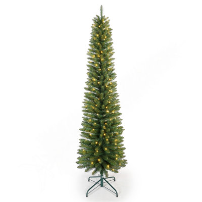Arbre de Noël 6 pi avec 150 lumières DEL blanc chaud - arbre en PVC mince avec 358 pointes, conception compacte, support en métal stable, facile à assembler