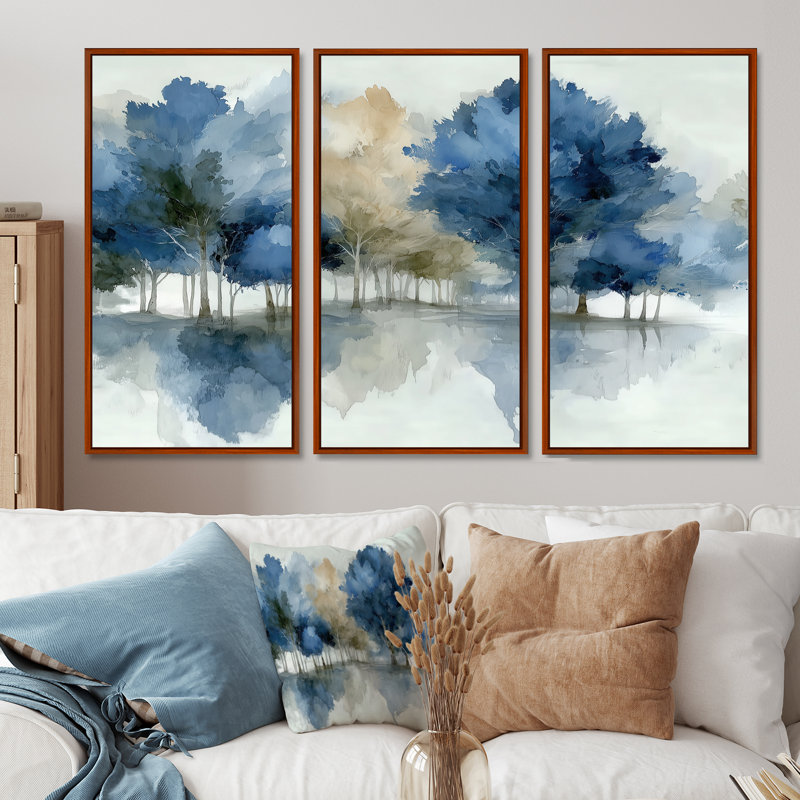 Bleu gris, aquarelle, érable, forêt, Canada - ensemble d'art mural érable, H 32 po x l 48 po, Brun