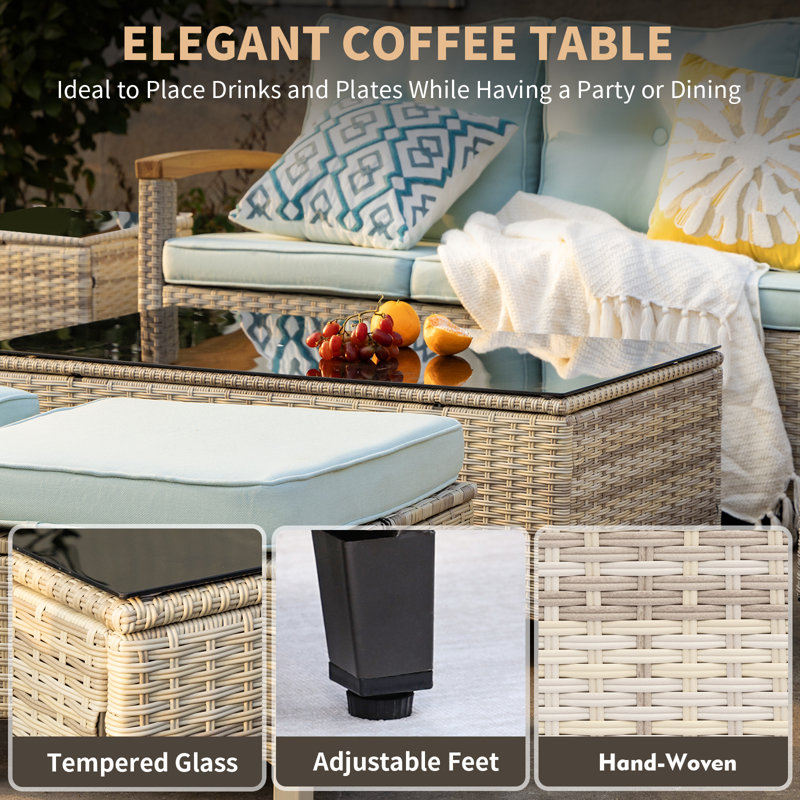Patio Rattan Coffee Table with Ottomans