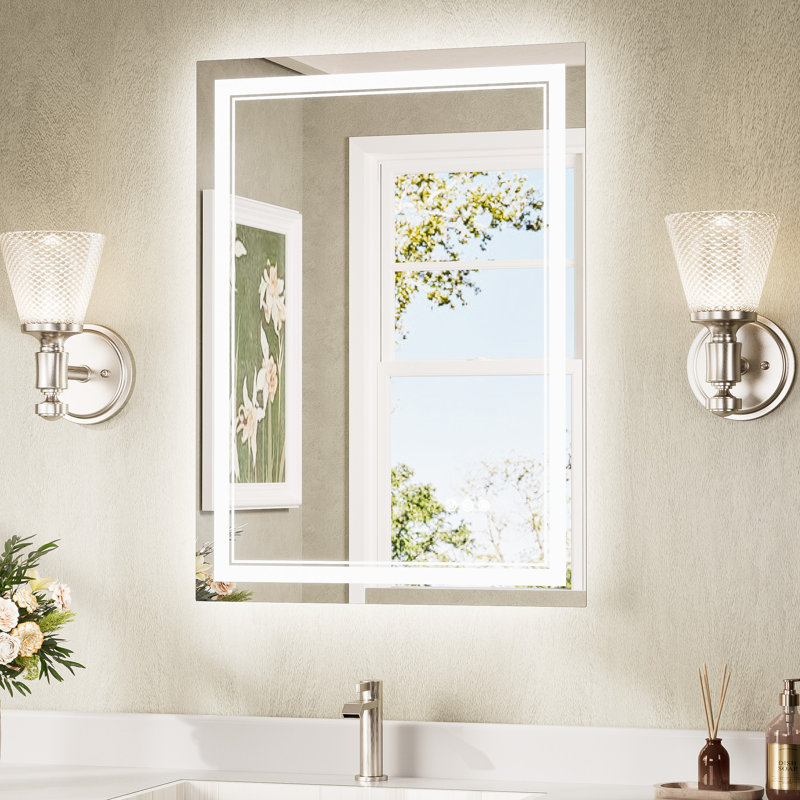 Miroir de salle de bain Bluetooth à DEL à éclairage avant et rétroéclairé, 3 couleurs de température et intensité variable, miroir de coiffeuse en verre trempé
